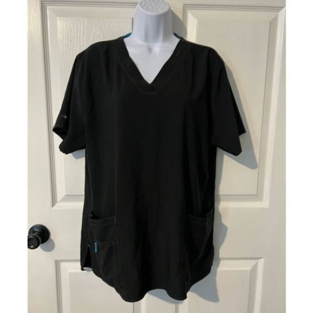 CARHARTT Scrub‎ Top Short Sleeve V Neck Front Pockets Black & Turquoise